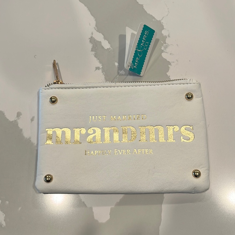 NWT Just Married Mr and Mrs Happily Ever After Pouch/Clutch White/Gold